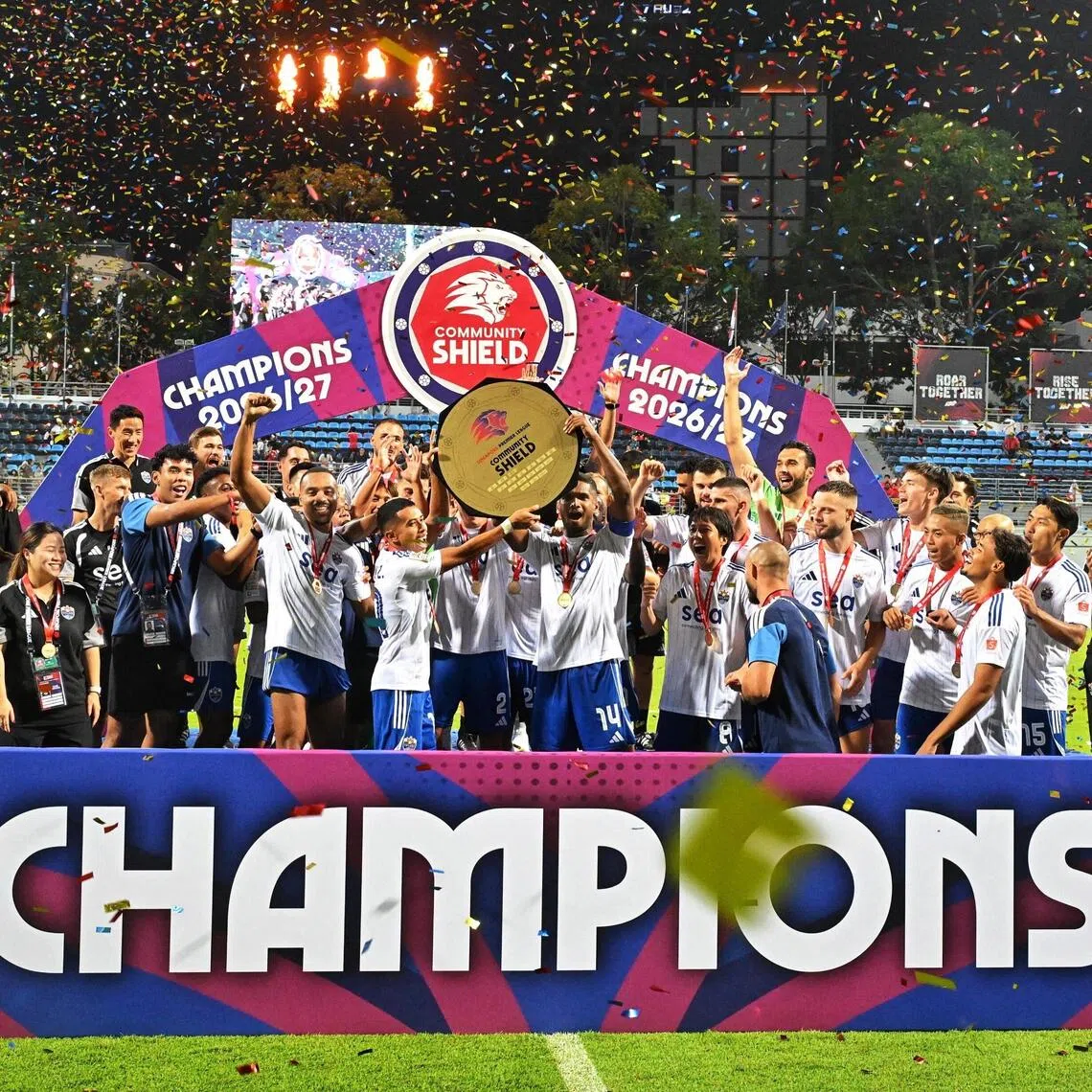 Lion City Sailors players lifting the trophy after defeating Tampines Rovers in the Community Shield match on Sept 6.