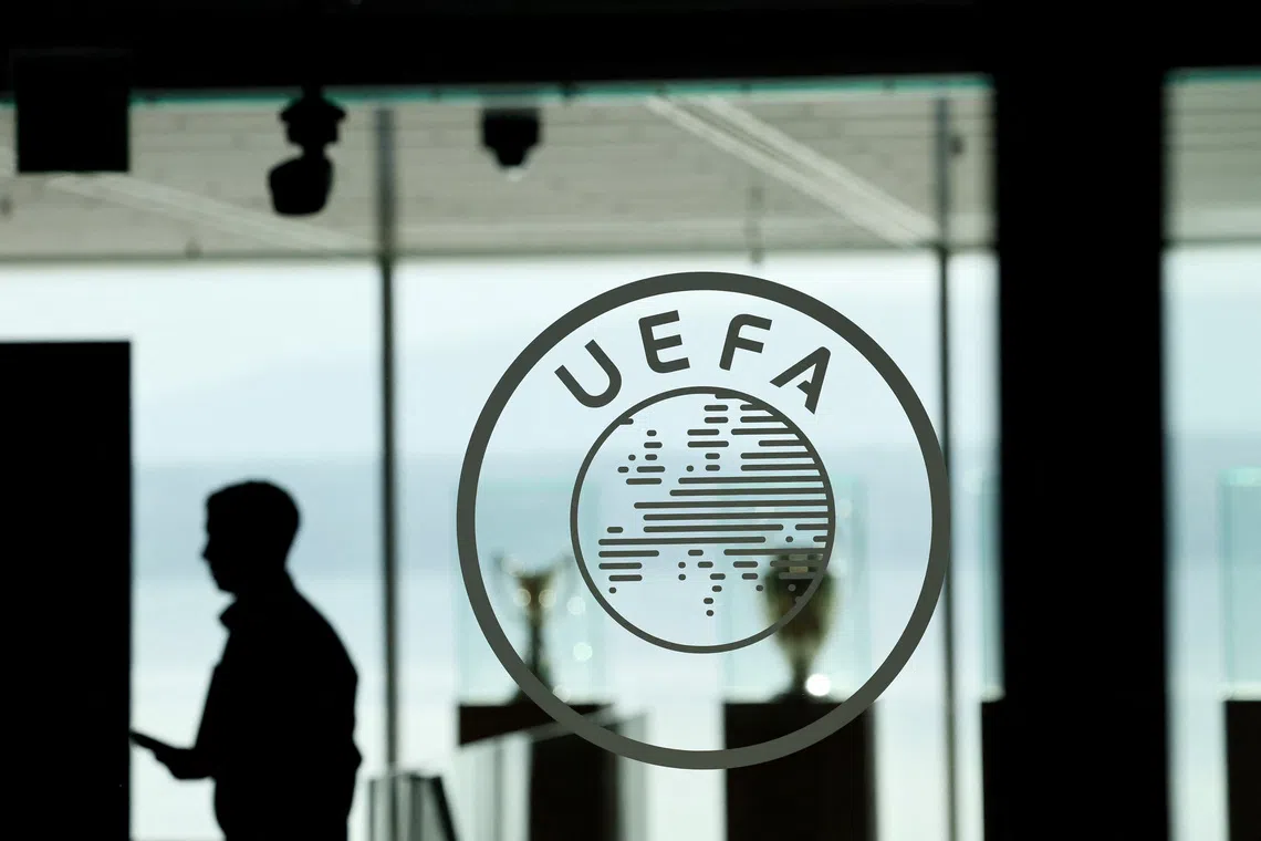 Soccer Football - Euro 2028 & Euro 2032 Hosts Announcement - Nyon, Switzerland - October 10, 2023 The UEFA logo is pictured at the headquarters ahead of the announcement REUTERS/Denis Balibouse