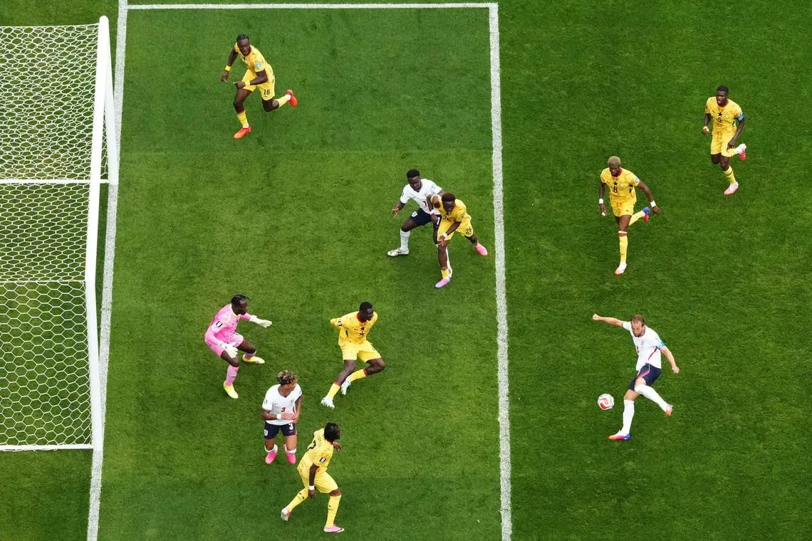 England's Harry Kane misses a chance to score against Ghana.
