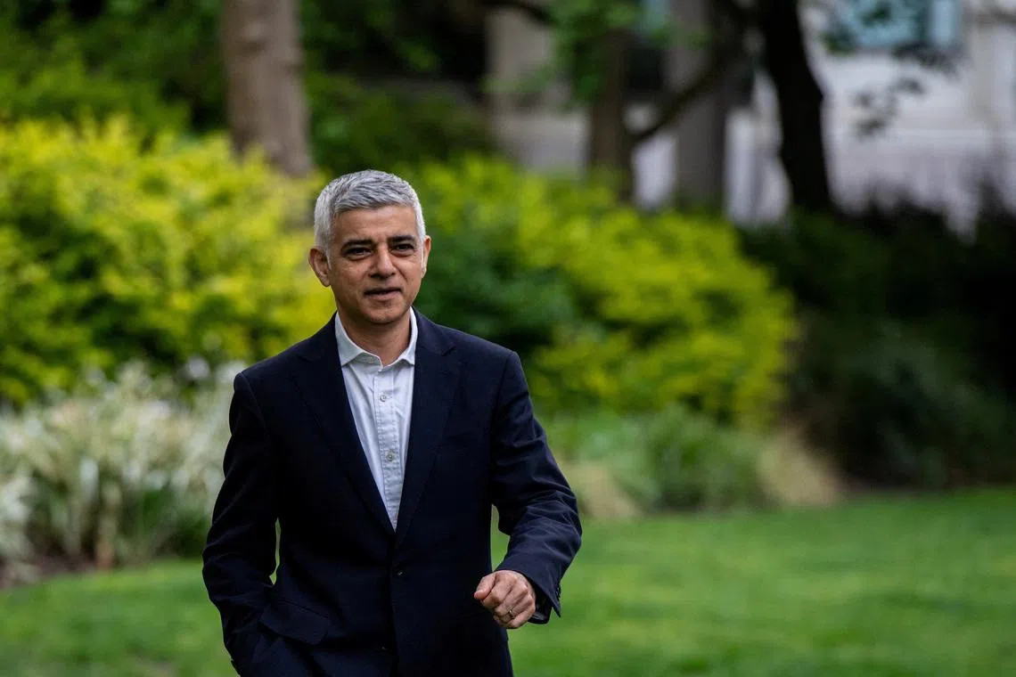 FILE PHOTO: Mayor of London Sadiq Khan arrives for a photo-call with supporters the day before voters go to the polls in the London Mayoral elections in London, Britain May 1, 2024. REUTERS/Chris J. Ratcliffe/File Photo