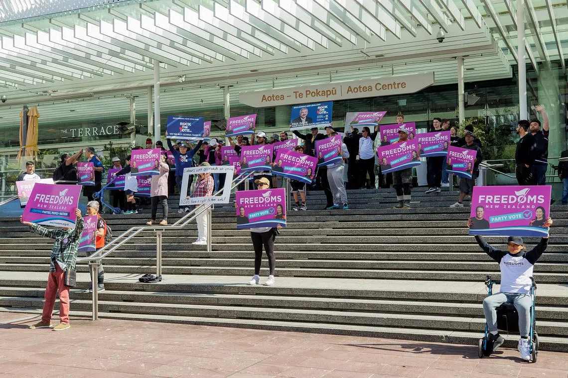 The Freedom Party supporters demonstrate at the New Zealand Labour Party’s election campaign launch event in Auckland, on Sept 2.