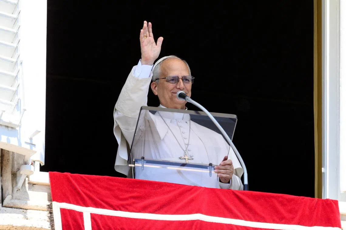 Pope Leo XIV leads the Angelus prayer from a window of the Apostolic Palace at the Vatican, May 3, 2026.   Vatican Media/Mario Tomassetti/Handout via REUTERS