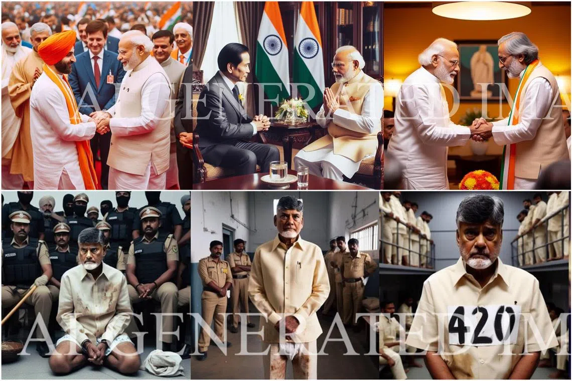 (Top panel) AI-generated images of Indian Prime Minister Narendra Modi and of (bottom panel) Telugu Desam Party leader Chandrababu Naidu in prison released in November 2023 before state elections.