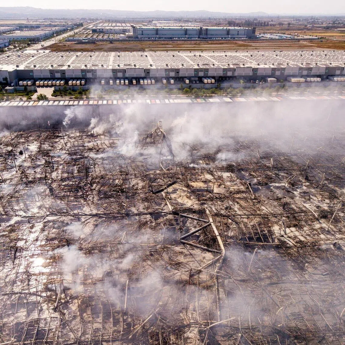 Photos from the scene showed the entire building engulfed in flames. The blaze reached a six-alarm response, involving around 175 firefighters, the Ontario Fire Department said.