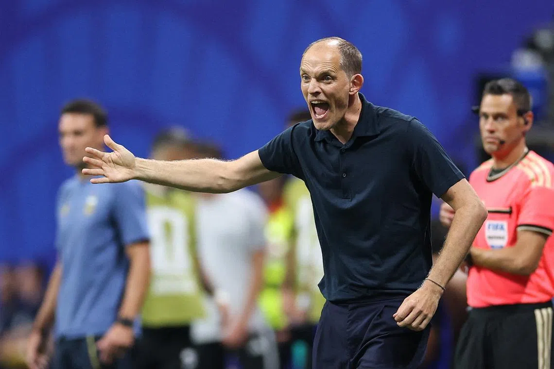 ATLANTA, GEORGIA - JULY 15: Thomas Tuchel, Manager of England, reacts during the FIFA World Cup 2026 Semi Final match between England and Argentina at Atlanta Stadium on July 15, 2026 in Atlanta, Georgia.   Justin Setterfield/Getty Images/AFP (Photo by Justin Setterfield / GETTY IMAGES NORTH AMERICA / Getty Images via AFP)