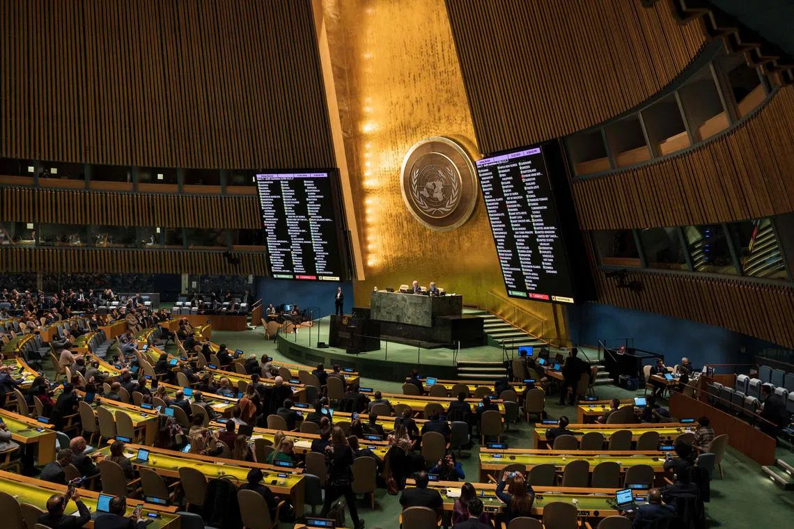 Screens display the vote count at the UN's headquarters in New York City, on Feb 23, 2023. 