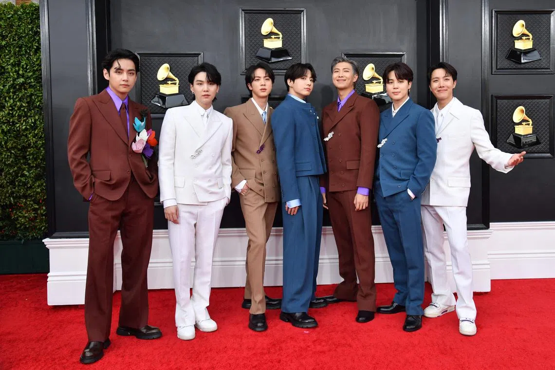 South Korean boy band BTS arrives for the 64th Annual Grammy Awards at the MGM Grand Garden Arena in Las Vegas.