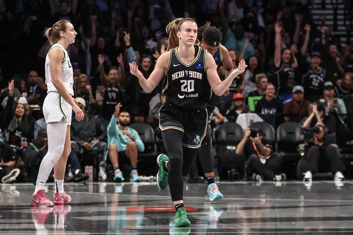 Oct 13, 2024; Brooklyn, New York, USA; New York Liberty guard Sabrina Ionescu (20) reacts after scoring in the first quarter against the Minnesota Lynx during game two of the 2024 WNBA Finals at Barclays Center. Mandatory Credit: Wendell Cruz-Imagn Images/ File Photo