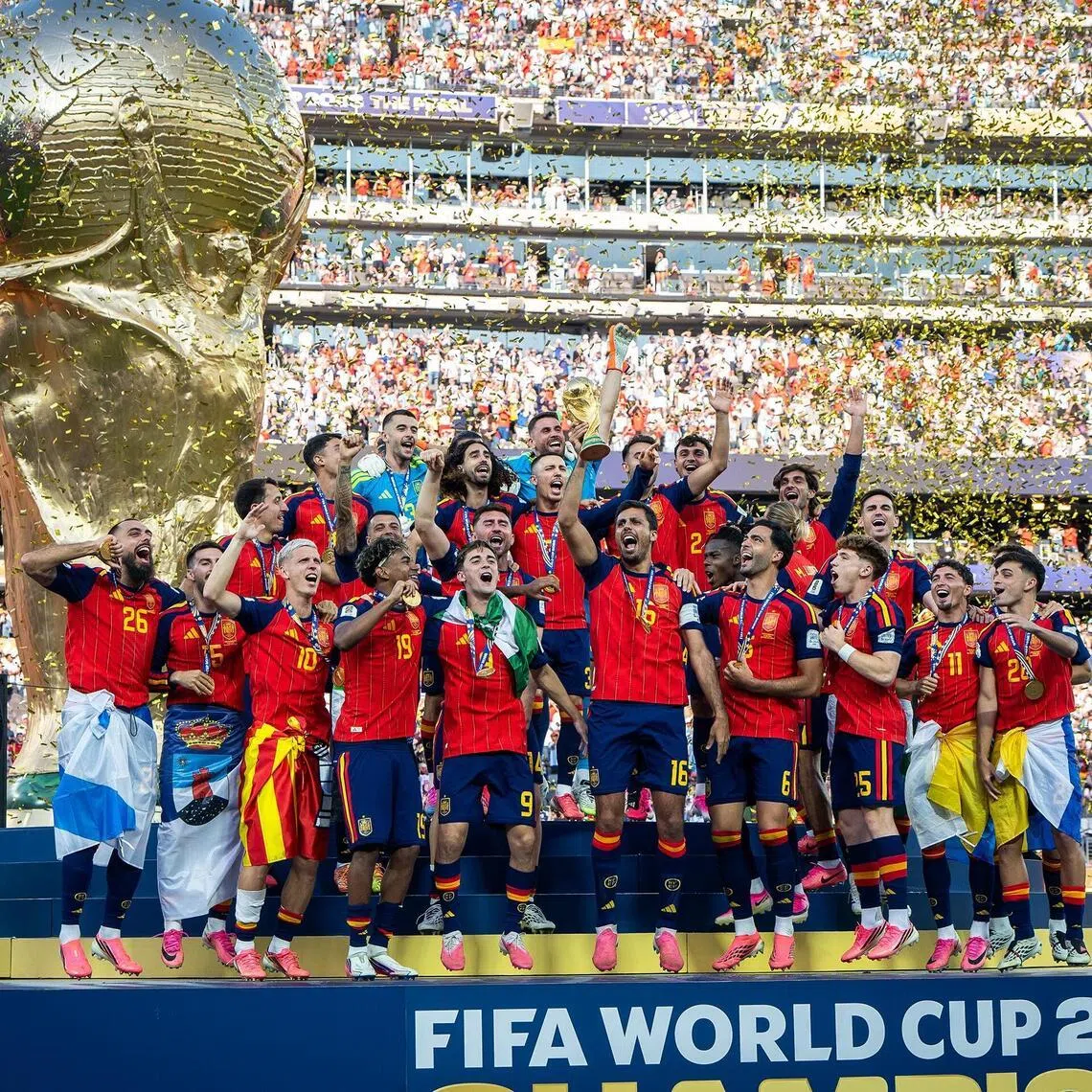 Spain celebrating their 1-0 extra-time victory over Argentina in the World Cup final in New Jersey on July 19.