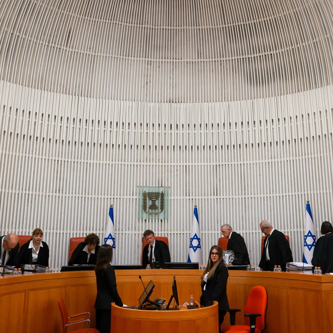Judges of Israel's Supreme Court hear appeals against the Central Elections Committee's decisions to disqualify Balad chairman Sami Abu Shehadeh, Hadash-Taal MK Ofer Cassif and Arab party lists from running in Israel's upcoming national elections, in Jerusalem, October 1, 2026. REUTERS/Ronen Zvulun