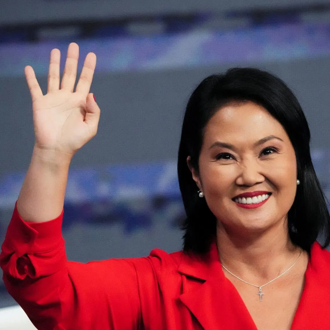 Peruvian presidential candidate Keiko Fujimori gestures as she attends a televised debate ahead of the general election on April 12, in Lima, Peru, March 31, 2026. REUTERS/Angela Ponce