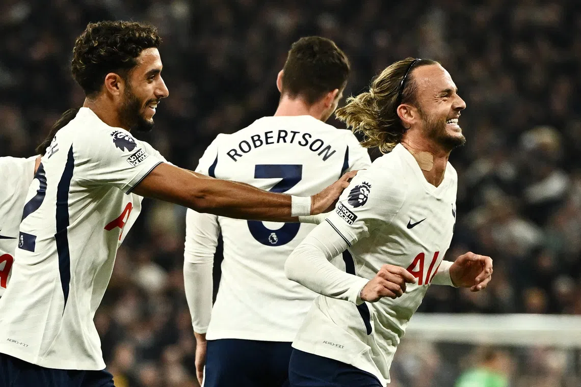 Tottenham Hotspur’s James Maddison (right) celebrates with Omar Marmoush after scoring their first goal against Coventry City.