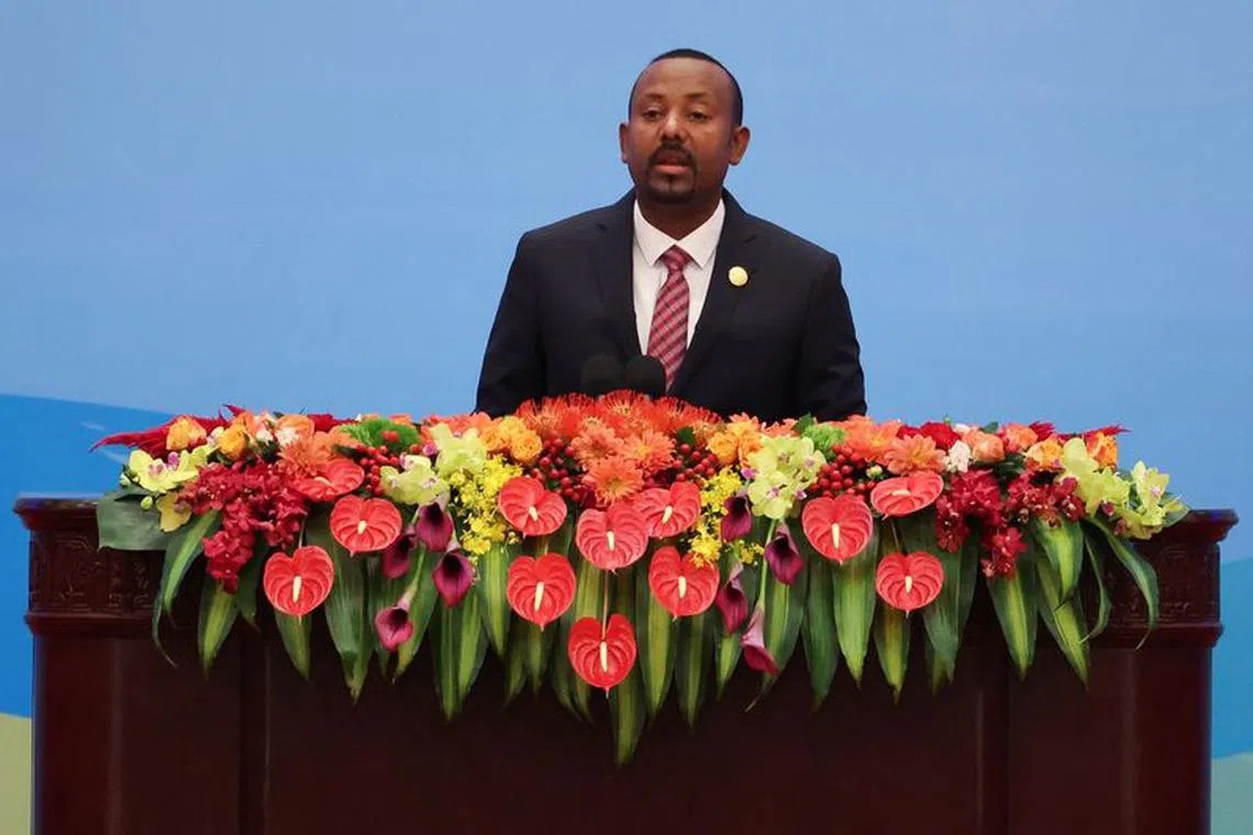 Ethiopian Prime Minister Abiy Ahmed speaks at the opening ceremony of the Belt and Road Forum (BRF), to mark the 10th anniversary of the Belt and Road Initiative at the Great Hall of the People in Beijing, October 18, 2023. REUTERS/Edgar Su