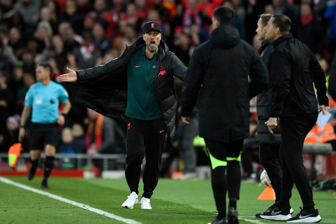 Liverpoo manager Jurgen Klopp (centre) reacting on the touchline before being sent off during the English Premier League match against Manchester City on Oct 16.  