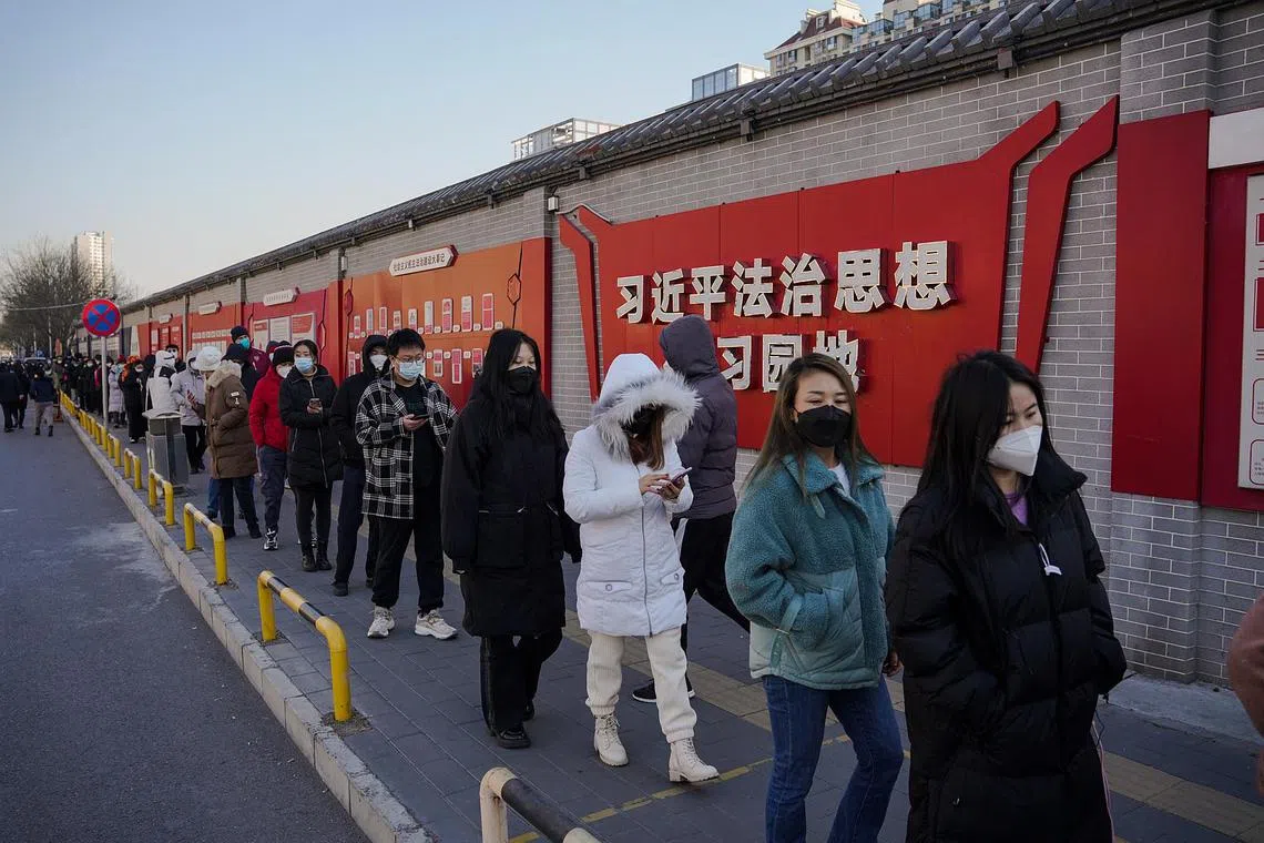 Beijing residents queueing to take Covid-19 tests on Dec 6, 2022. 