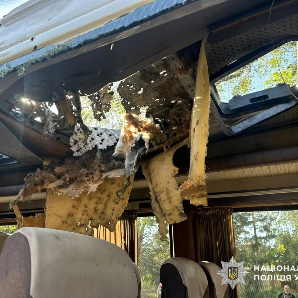 The interior of a passenger bus which was hit by a Russian FPV-drone, amid Russia's attack on Ukraine, in Dnipropetrovsk region, Ukraine September 16, 2026. Press service of the National Police of Ukraine/Handout via REUTERS