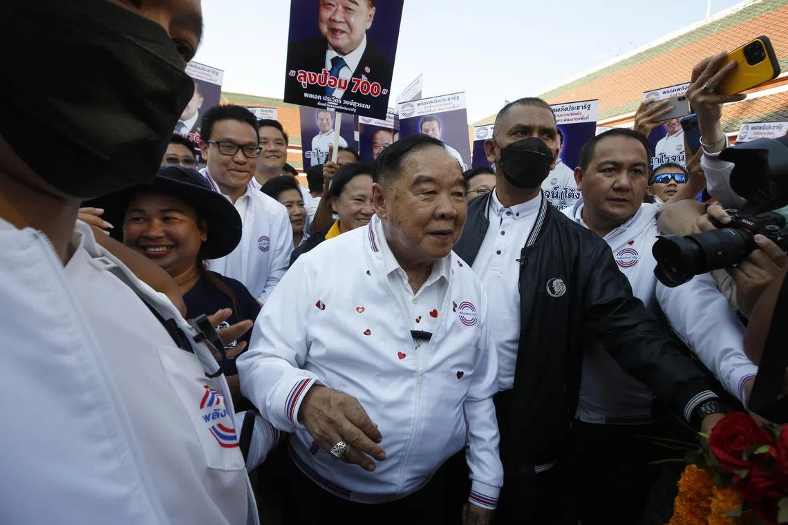 epa10466355 Thailand's Deputy Prime Minister and Prime Minister candidate of the Palang Pracharath Party, Prawit Wongsuwan (C), attends a pre-election campaign event in Bangkok, Thailand, 14 February 2023. Prawit, leader of Thailand's army-backed ruling Palang Pracharath Party, announced to run as challenger of Prime minister Prayut Chan-o-cha in the upcoming general election which - according to the Election Commission - are expected to be held in May 2023 if the parliament is not dissolved earlier. The House of Representatives will complete its four-year term on 23 March.  EPA-EFE/NARONG SANGNAK