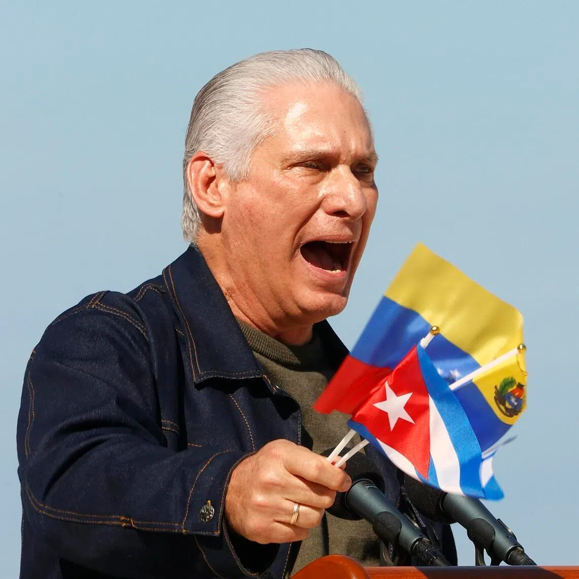 Cuban President Miguel Diaz-Canel speaking during an event held in support of Venezuela in Havana on Jan 3.