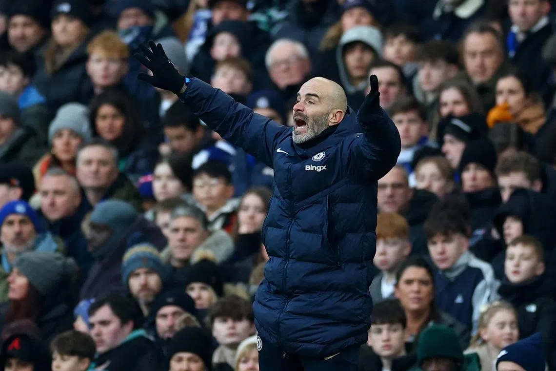 Chelsea manager Enzo Maresca reacting during Chelsea's 5-0 FA Cup third-round victory over fourth-tier Morecambe on Jan 11 at Stamford Bridge.