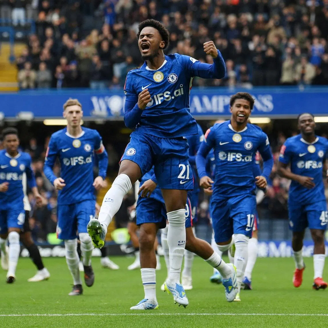 Soccer Football - FA Cup - Quarter Final - Chelsea v Port Vale - Stamford Bridge, London, Britain - April 4, 2026 Chelsea's Jorrel Hato celebrates scoring their first goal REUTERS/Jaimi Joy