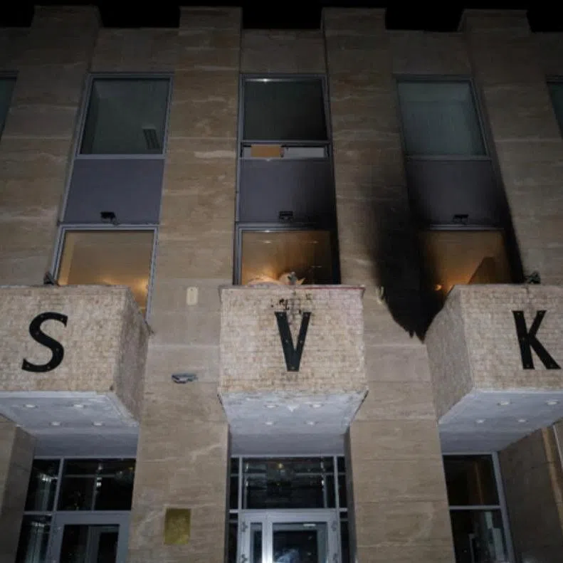 A handout image released on March 27, 2026 shows the facade of the Russian cultural centre after an unknown attacker threw several Molotov cocktails at the building in Prague, Czech Republic. Czech Police/Handout via REUTERS