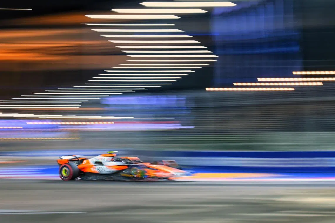 Lando Norris of McLaren in action during Free Practice 2 at the Singapore Airlines Singapore Grand Prix, Marina Bay street circuit on September 20, 2024.