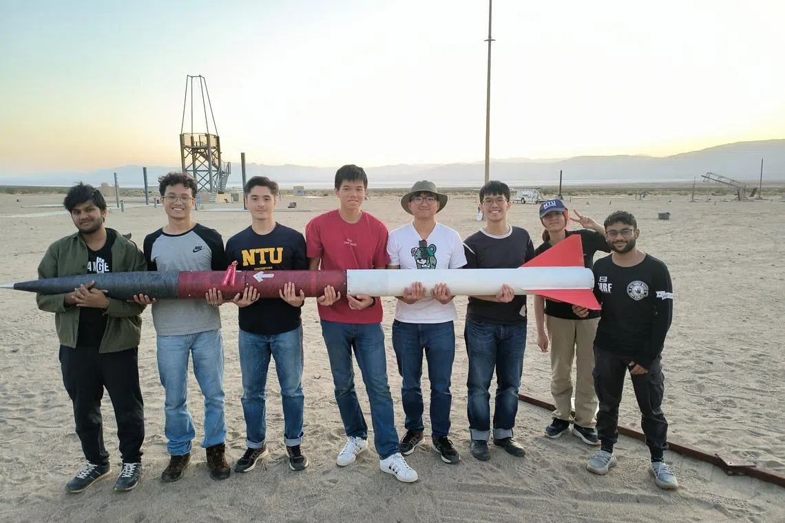 The Singapore Propulsion Lab team with their rocket, Project Mynah, at the Mojave Desert in California, in early June. Team leader Dhruv Mittal, 24, is on the far right. 