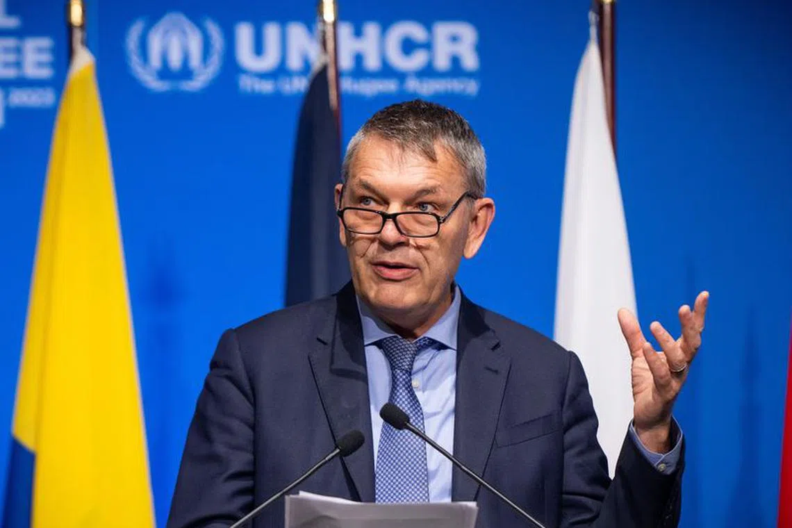 Commissioner General of UNRWA, Philippe Lazzarini, addresses the assembly on the opening day of the Global Refugee Forum, in Geneva, Switzerland, December 13, 2023. Jean-Guy Python/Pool via REUTERS/File Photo