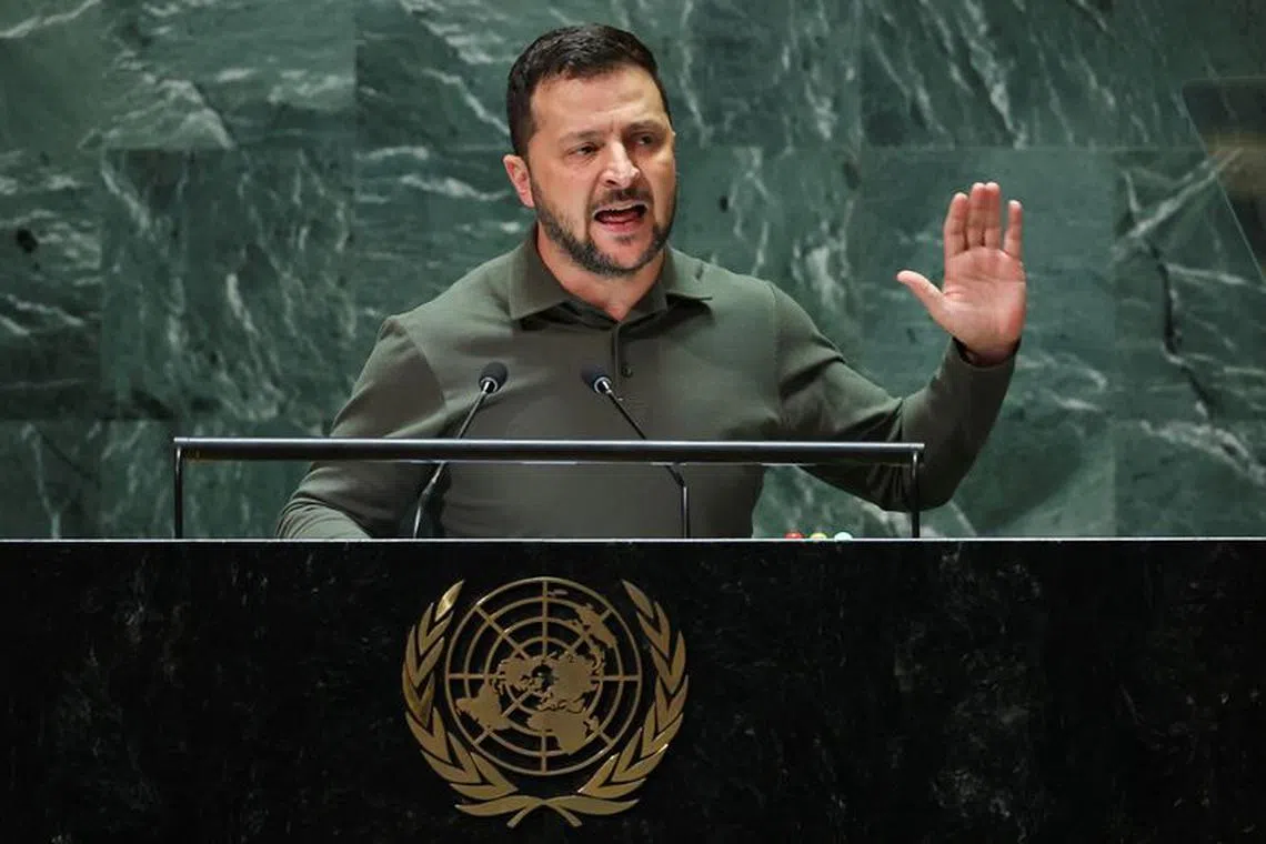 Ukraine's President Volodymyr Zelenskiy addresses the 78th Session of the U.N. General Assembly in New York City, U.S., September 19, 2023.  REUTERS/Mike Segar