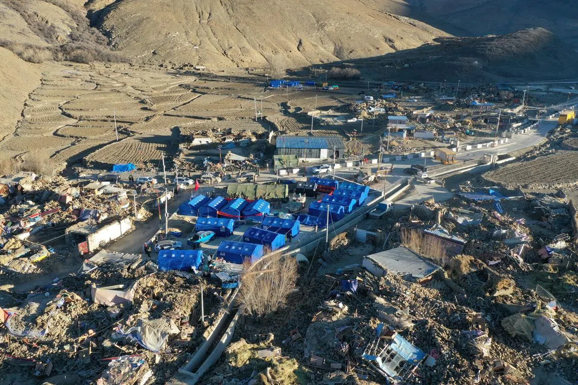 FILE PHOTO: A drone view shows makeshift tents for quake-affected residents following the earthquake that struck Tingri county, in Shigatse, Tibet Autonomous Region, China January 8, 2025. cnsphoto via REUTERS/File photo