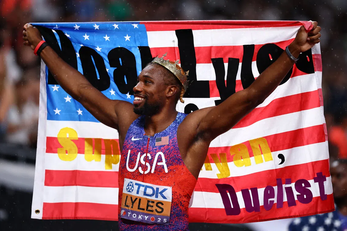 World Athletics Championships Tokyo 2025 - Men's 4 x 100m Relay Final - Japan National Stadium, Tokyo, Japan - September 21, 2025 Noah Lyles of the U.S. celebrates winning the gold medal REUTERS/Sarah Meyssonnier