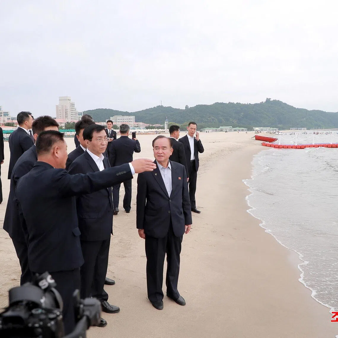 China’s fourth-highest-ranked official Wang Huning tours the Wonsan-Kalma Coastal Tourist Zone in Wonsan, North Korea on July 17.