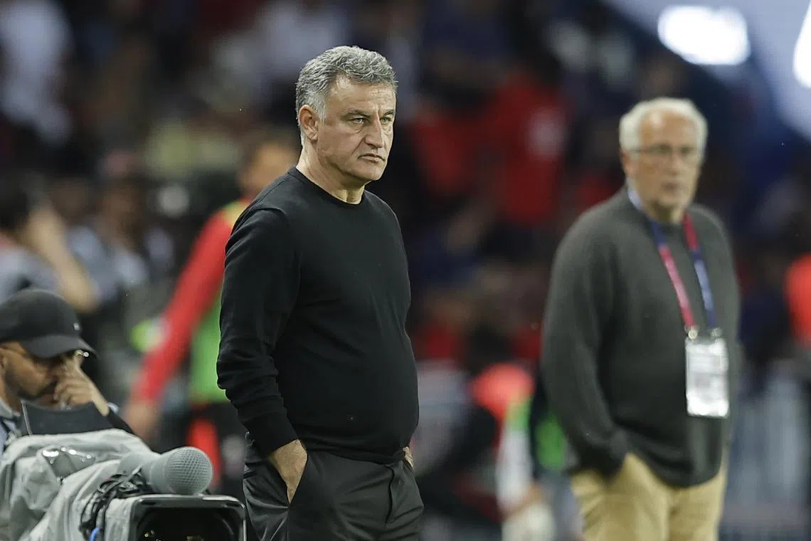 Paris Saint Germain head coach Christophe Galtier reacting during the French Ligue 1 match between PSG and Clermont Foot 63 in Paris.