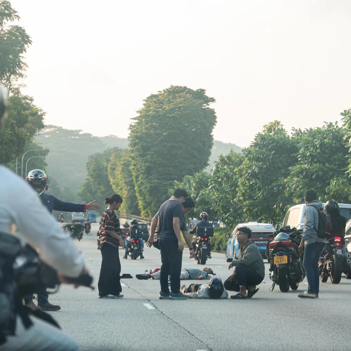 The accident involved a car and three motorcycles on the SLE during the morning rush hour on Aug 4.