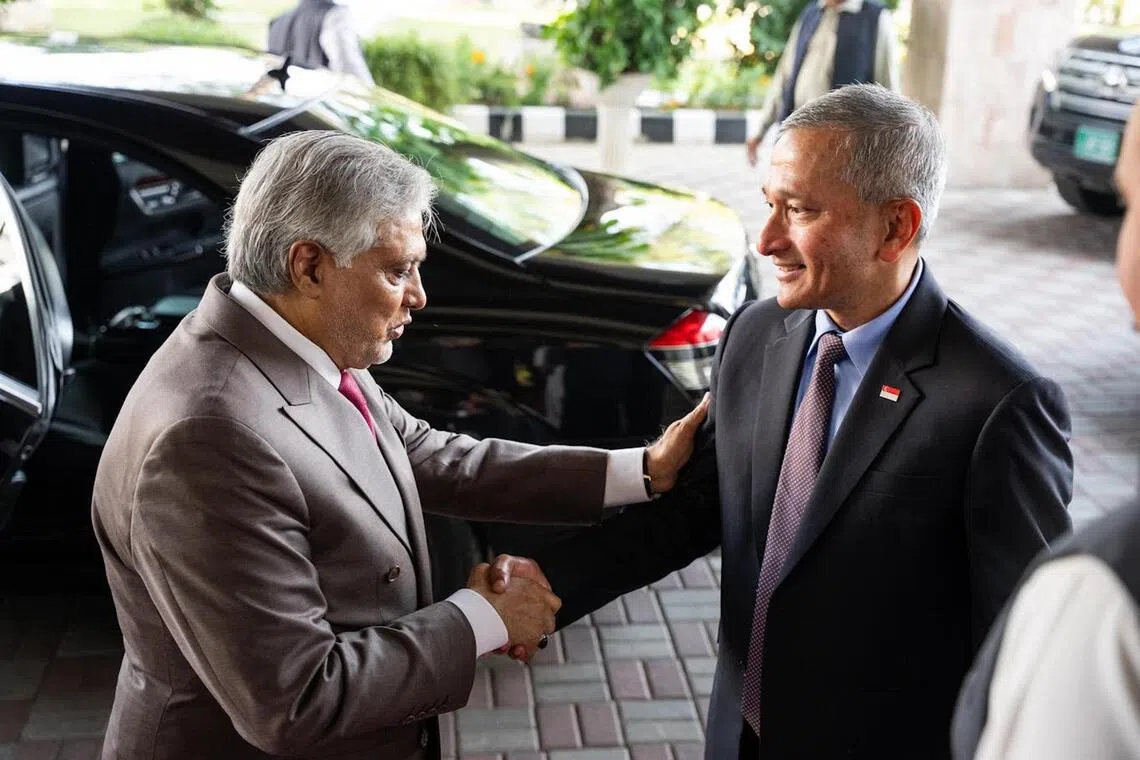 Foreign Minister Vivian Balakrishnan (right) with Pakistan’s Deputy Prime Minister and Minister of Foreign Affairs Mohammad Ishaq Dar (left) in Islamabad, Pakistan on Oct 30, 2026.
