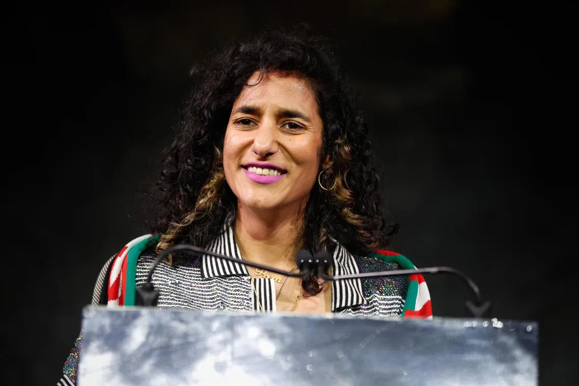 British artist Jasleen Kaur, creator of Glasgow exhibition Alter Altar, gives her acceptance speech after winning the Turner Prize 2024 at Tate Britain in London on Dec 3.