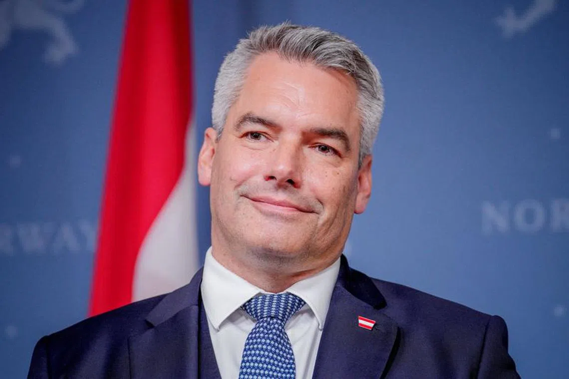 Austrian Chancellor Karl Nehammer attends a press conference after the working lunch with the Norwegian prime minister at the Norwegian government's representation facility in Parkveien in Oslo, Norway September 27, 2023. NTB/Javad Parsa via REUTERS/File Photo