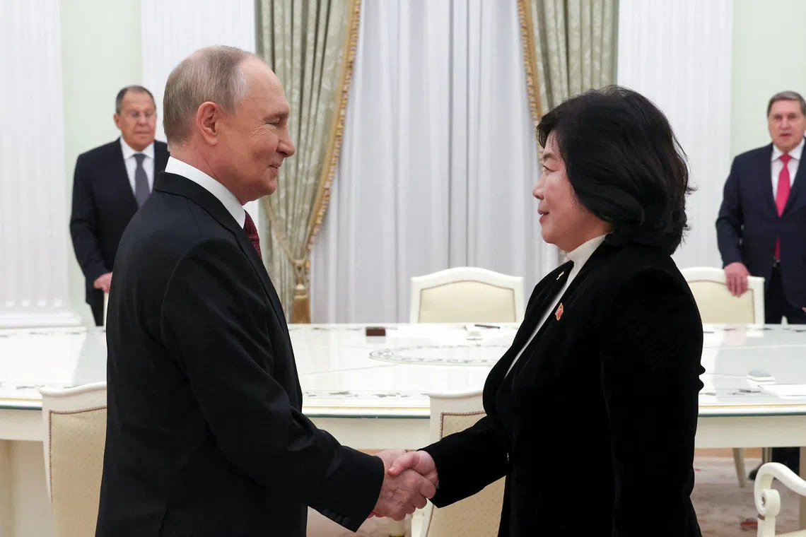 Russian President Vladimir Putin shakes hands with North Korean Foreign Minister Choe Son Hui during a meeting in Moscow, Russia, October 27, 2025. Sputnik/Vyacheslav Prokofyev/Pool via REUTERS