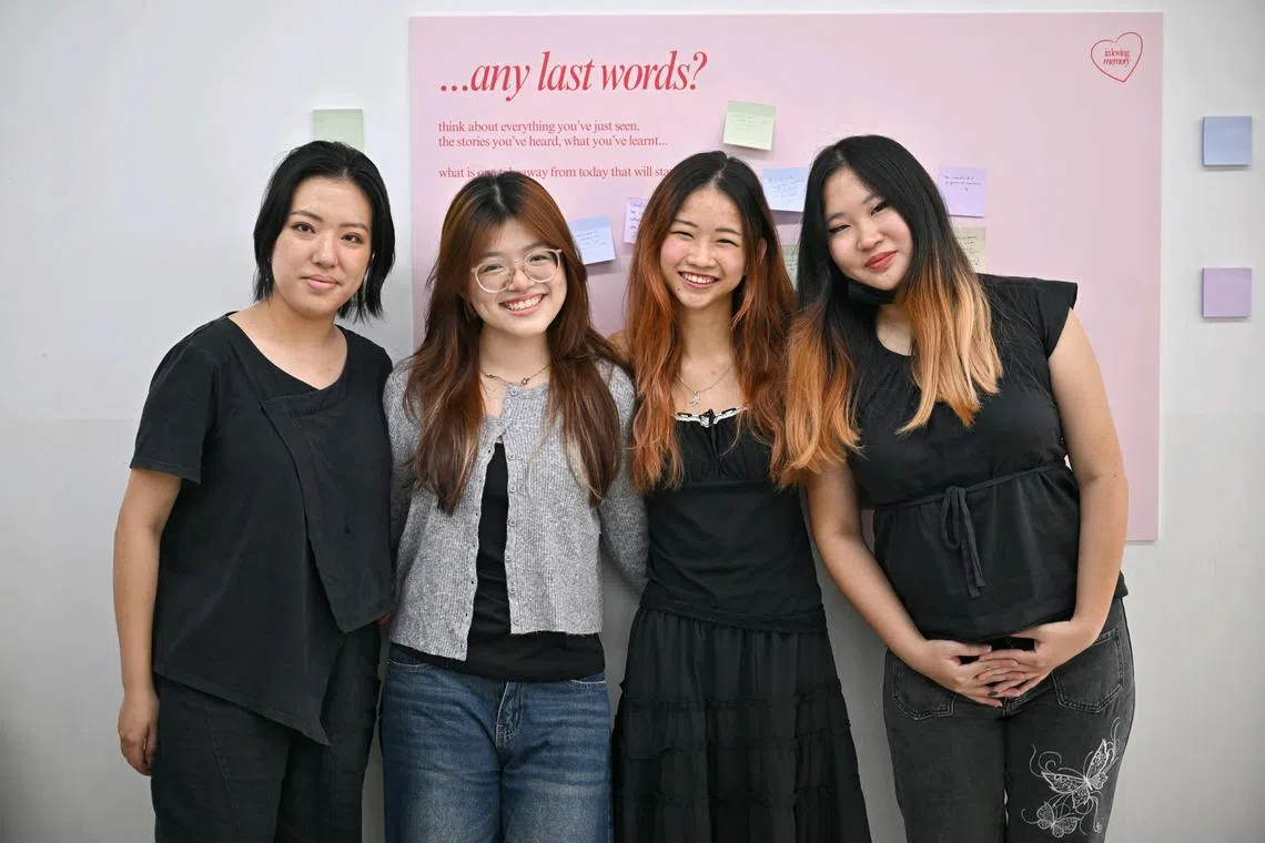NTU Wee Kim Wee School of Communication and Information students, (From left) Li Jike (23), Chong Rui Xuan (22), Tang Yi Qing (23), Anna Tan (23), at Goodman Arts Centre on Jan 17, 2025.
