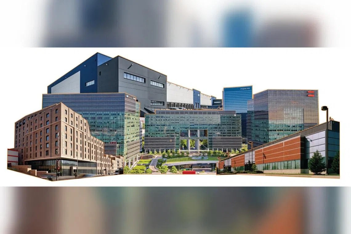 Mapletree's four core sectors - logistics, student housing, office and data centre - represented by Student Castle Brighton; 44490 Chilum Place, Ashburn; Mapletree Business City and Parets DC1 (front to back, left to right).