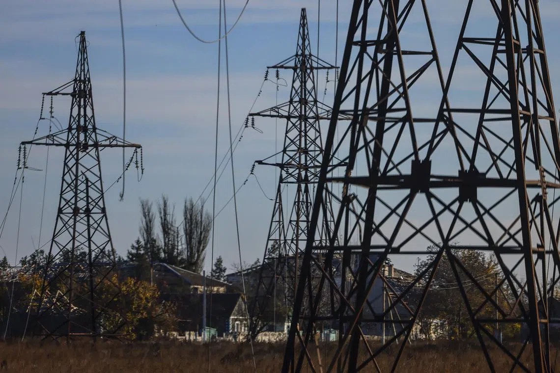 Damaged power lines at the frontline at the northern Kherson region, Ukraine.