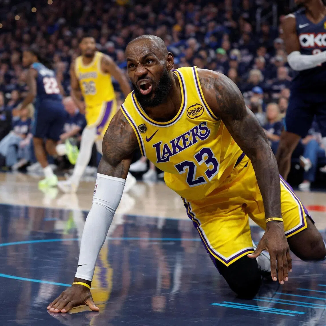 Los Angeles Lakers forward LeBron James reacts after a play against the Oklahoma City Thunder in the first half during Game 2.