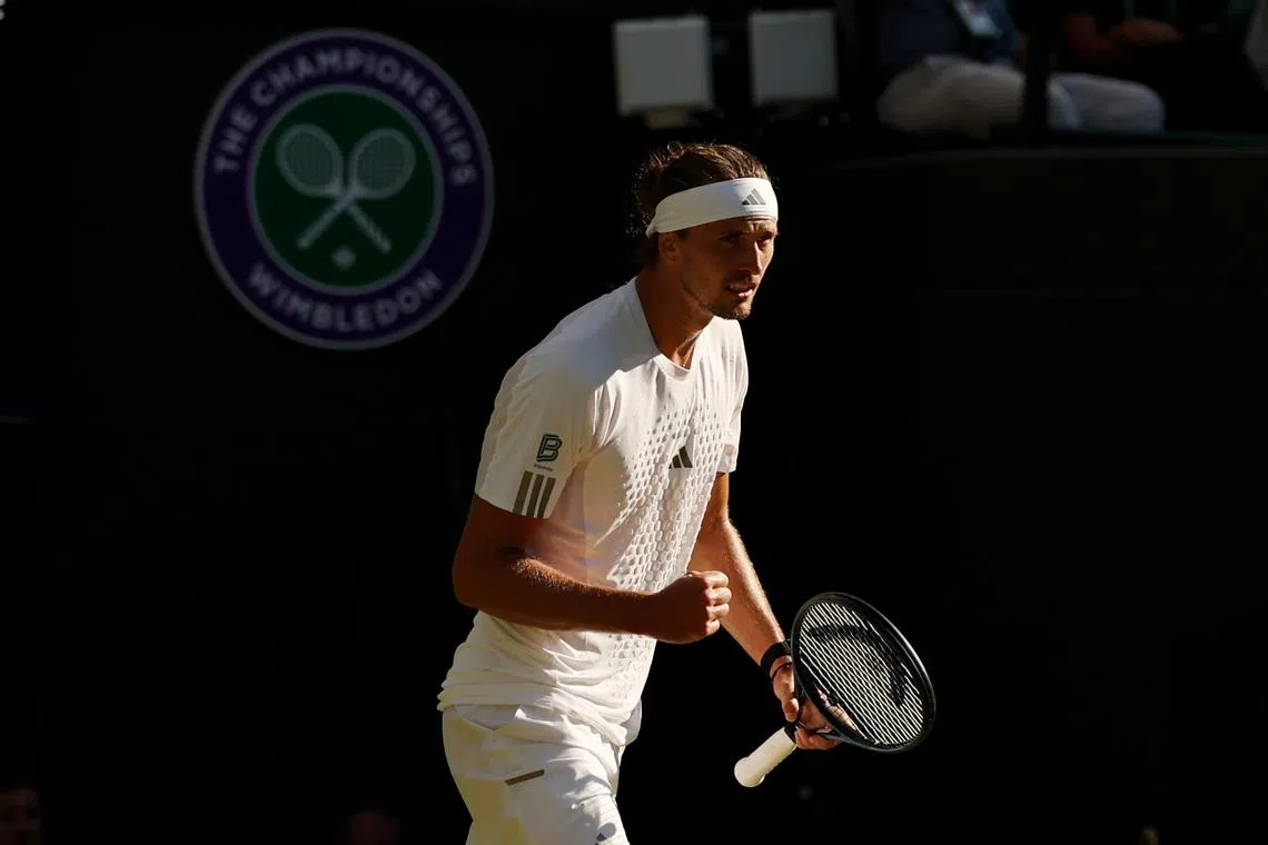 Jul 4, 2026; London, United Kingdom; Alexander Zverev (GER) reacts after match point against Marcos Giron (USA) (not pictured) on day six of The Championships Wimbledon 2026 at All England Lawn Tennis and Croquet Club. Mandatory Credit: Geoff Burke-Imagn Images