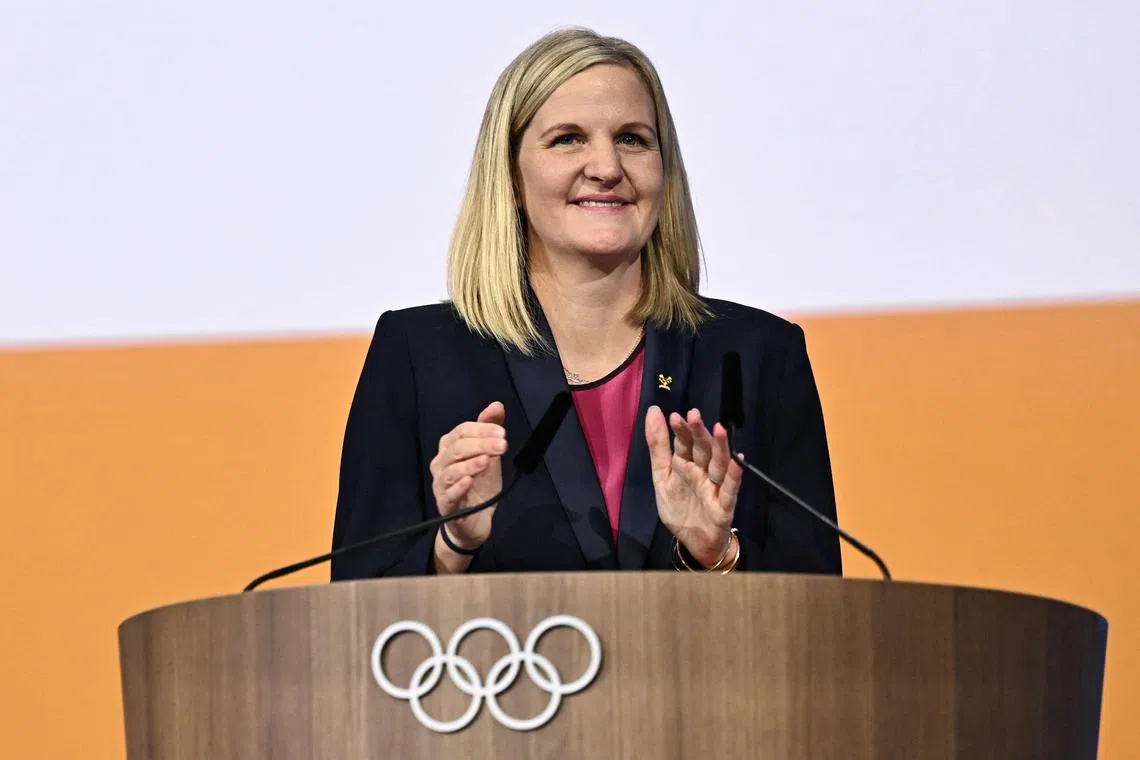 New IOC president Kirsty Coventry reacts after her election victory, in Costa Navarino, Greece, on March 20.