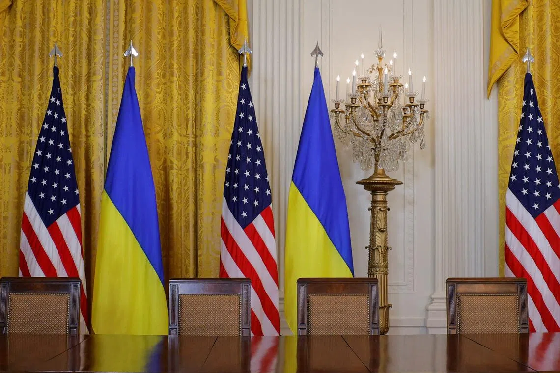 Chairs stand empty at the site of the planned agreement signing and press conference, which was cancelled as Ukrainian President Volodymyr Zelenskiy departed the White House following a fiery Oval Office meeting with U.S. President Donald Trump, in Washington, D.C., U.S., February 28, 2025.