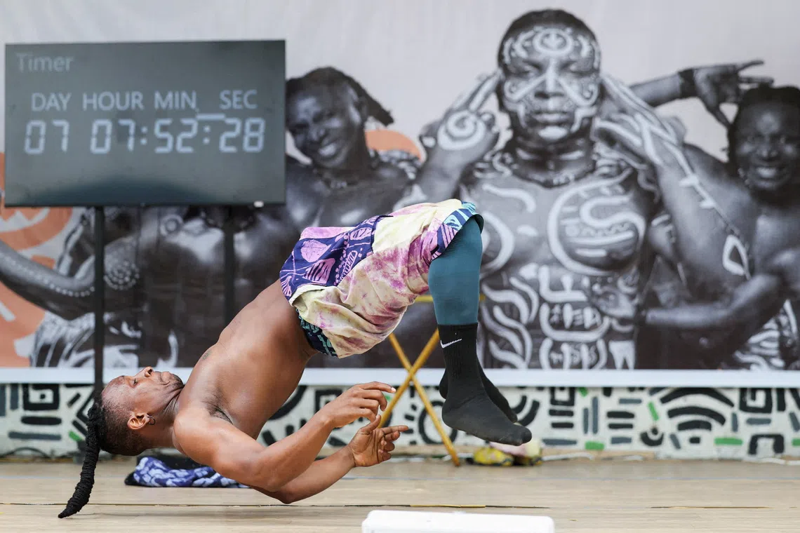 Benjamin Daniel, a Nigerian dancer known as Ben Dancer, performs on stage on the seventh day of an attempt to complete a 168-hour (seven-day) dance marathon at Freedom Park in Lagos, Nigeria, September 29, 2026. REUTERS/Sodiq Adelakun TPX IMAGES OF THE DAY