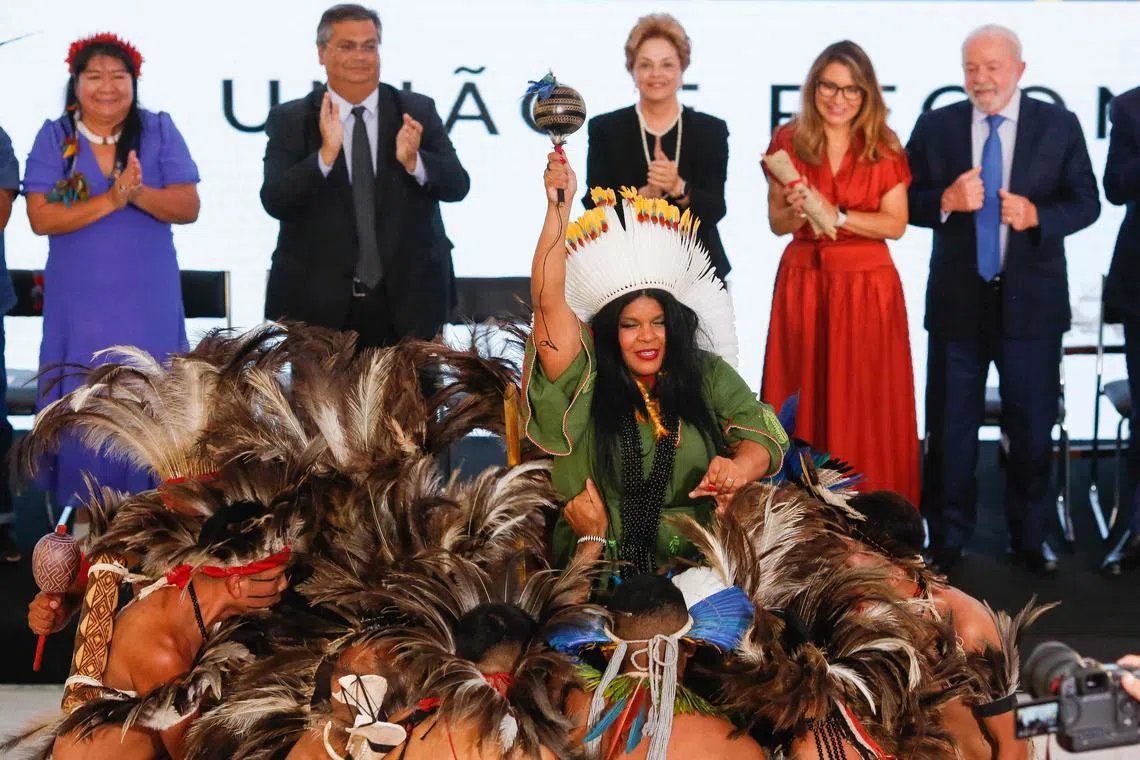 Brazilian new Minister of Indigenous People, Sonia Guajajara, attends her swearing-in ceremony at the Planalto Palace in Brasilia, on January 11, 2023. 
