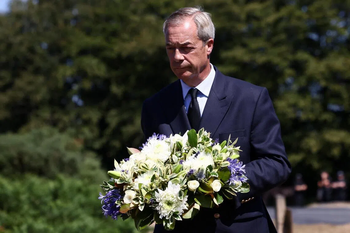 Reform UK party leader Nigel Farage laying flowers near the home of former government minister and Reform UK party member Ann Widdecombe, who was found dead at home on July 9.