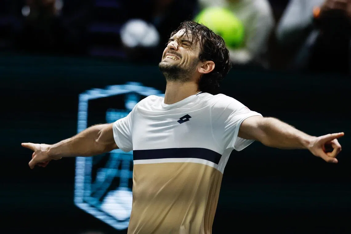 Valentin Vacherot of Monaco celebrates winning his third-round match against Cameron Norrie of Britain 7-6 (7-4), 6-4 at the ATP Paris Masters tennis tournament at Paris La Defense Arena on Oct 30, 2025.  