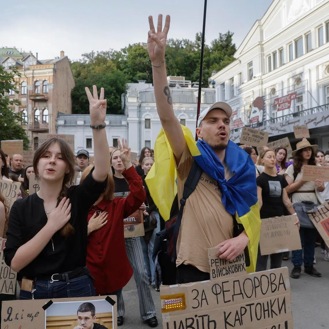 Ukrainians protest against the dismissal of Ukrainian Defence Minister Mykhailo Fedorov in downtown Kyiv, on July 24.